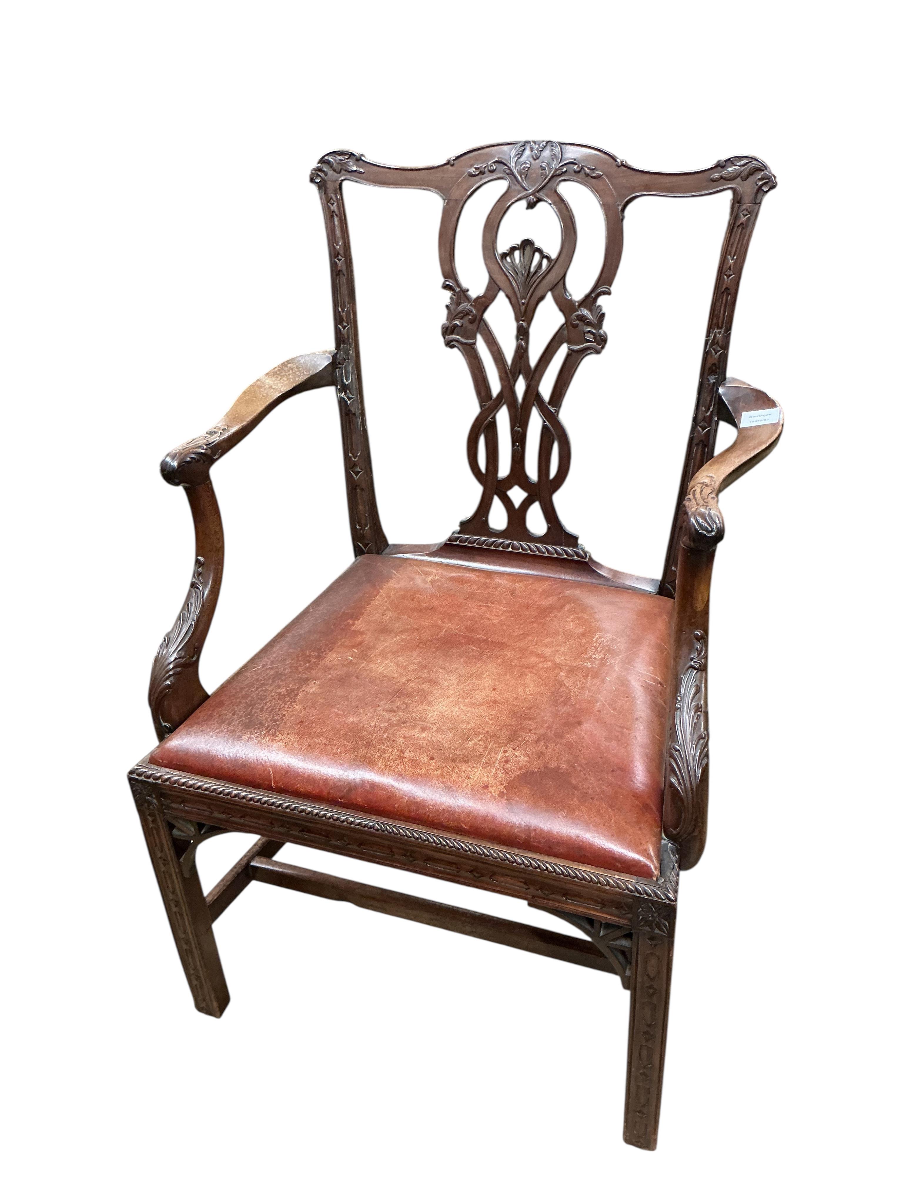 A George III Chippendale design mahogany elbow chair, width 65cm, depth 51cm, height 95cm